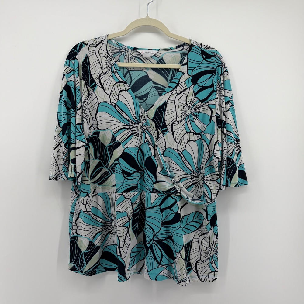 Liz Claiborne Womens XL Turquoise Floral Faux Wrap V-Neck Elbow Sleeve Top
